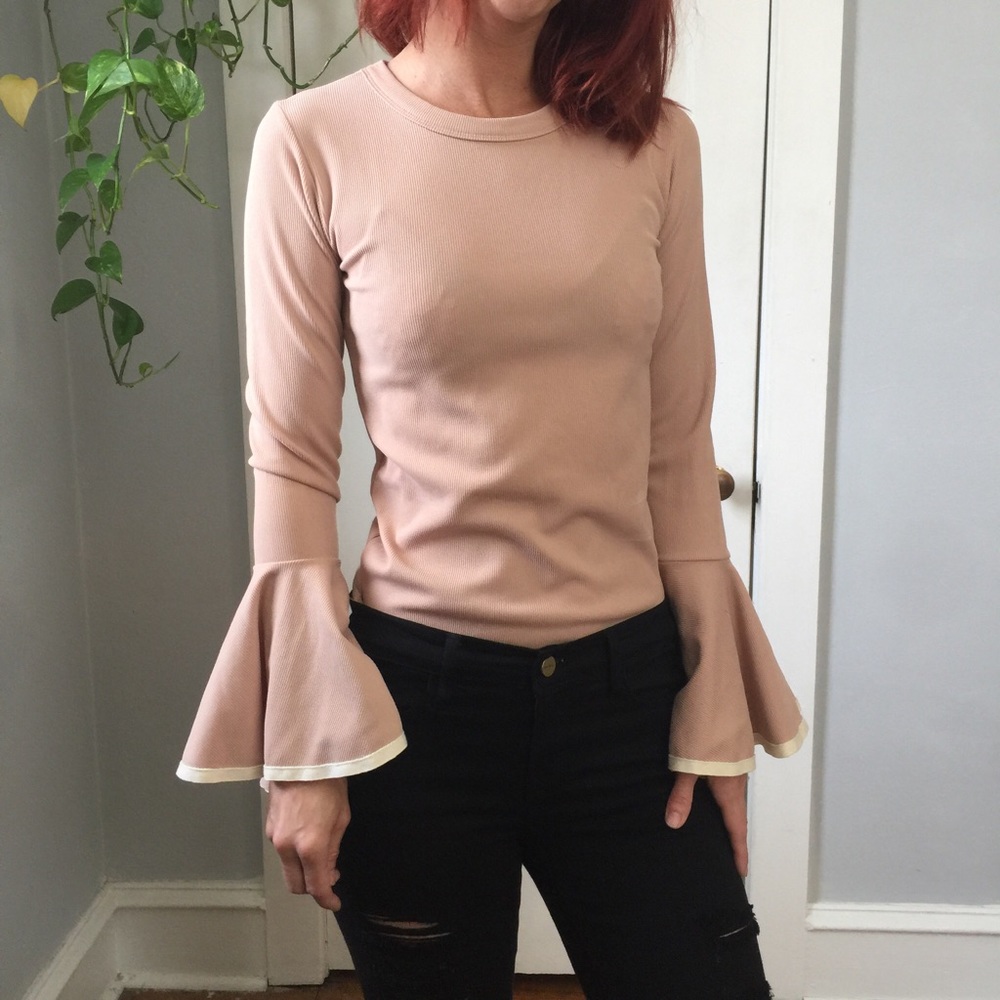🌸NWT Storets Tan Bell Sleeve Mod Ribbed Shirt Top